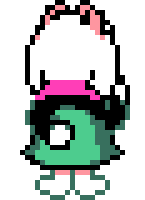 a pixel art drawing of a sheep wearing a pink and green dress and hat .