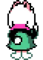 a pixel art drawing of a sheep wearing a pink and green dress and hat .