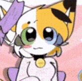 a cartoon drawing of a cat with a purple bow on its head