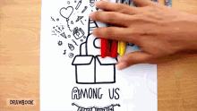 a person is drawing among us with markers on a piece of paper