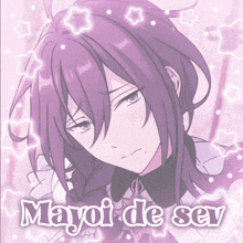 a purple haired anime character with the words mayoi de sev on the bottom