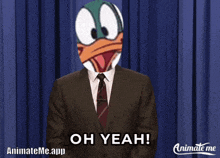 a man in a suit and tie with a duck mask on his head says oh yeah