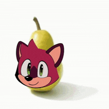a cartoon drawing of a fox 's face on a pear