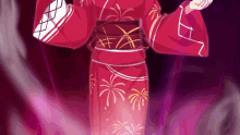 a woman in a red kimono with fireworks on it stands in a dark room