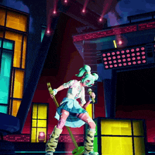 a girl singing into a microphone with the letter n on her boot