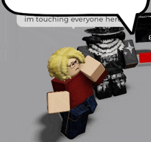 a cartoon character with a speech bubble that says ' im touching everyone here '