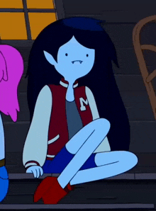 a cartoon character wearing a varsity jacket with the letter m on the front