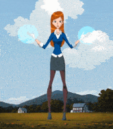 a cartoon character is standing in a field holding two blue spheres