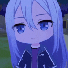 a close up of a blue haired anime girl with a surprised look on her face