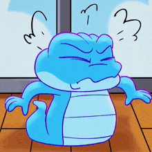 a cartoon drawing of a blue crocodile with a purple outline