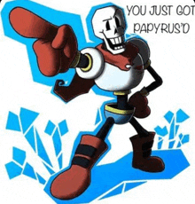 papyrus is a cartoon character from undertale and is pointing at something .