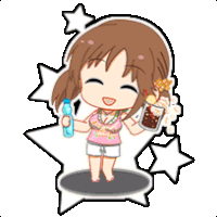 a cartoon girl is holding a drink and a water gun