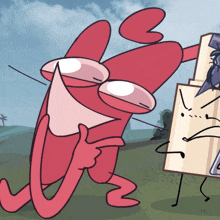 a cartoon drawing of a red crab with glasses and a purple hat