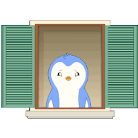 a blue and white penguin is looking out of a window
