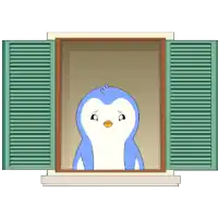a blue and white penguin is looking out of a window