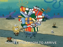 a cartoon of spongebob pulling a cart full of gifts .
