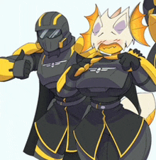 a couple of cartoon characters standing next to each other with one wearing a mask