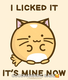 a cartoon cat with its tongue hanging out and the words " i licked it it 's mine now "