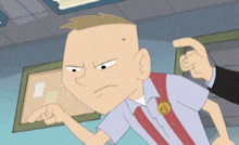 a cartoon of a man with a medal around his neck pointing at something