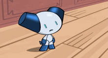 a cartoon robot with a sad look on his face is standing on a wooden floor