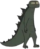 a cartoon drawing of a dinosaur with glasses on its eyes