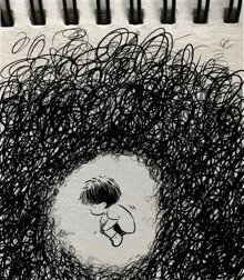 a black and white drawing of a child sitting in a circle of scribbles