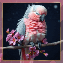 a pink and grey parrot is sitting on a branch with pink flowers