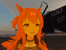 a girl with orange hair is standing in front of an airplane with the number 100 on it