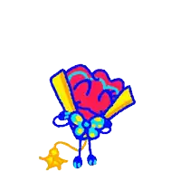 a cartoon drawing of a heart shaped fan with a blue bow