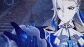 a man with long white hair and blue gloves