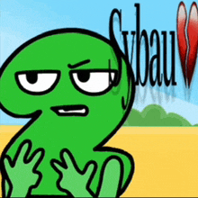 a green cartoon character with a heart in the background and the word sybau