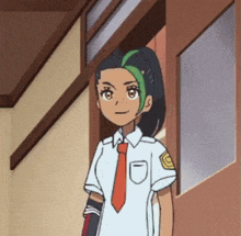 a cartoon girl in a school uniform and tie is standing in a hallway next to a window .