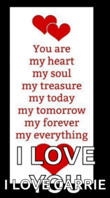 a poster that says " you are my heart my soul my treasure my today my tomorrow my forever my everything and i love carrie "