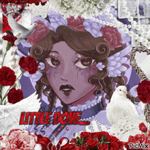 a picture of a woman with flowers on her head and the words little dove on the bottom