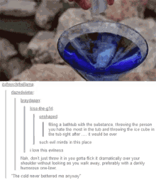 a person is filling a bathtub with blue liquid and throwing the person in the tub