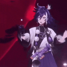 a purple haired anime character is standing in front of a red background and holding a sword .