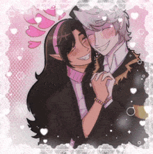 a drawing of a man and a woman holding hands with hearts in the background