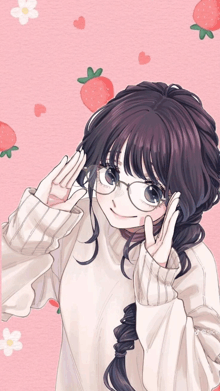 a drawing of a girl wearing glasses and a sweater with strawberries in the background