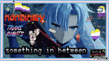 a pixel art of a girl with blue hair and the words something in between