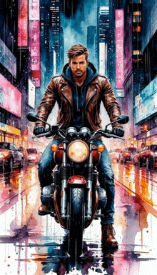 a man in a leather jacket is riding a motorcycle down a wet city street