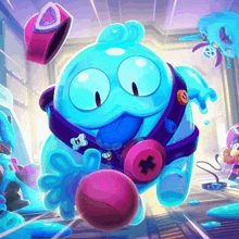 a blue cartoon character with a pink cross around his neck