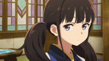 a girl with pigtails and purple eyes looks at the camera with a serious look on her face