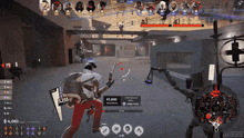 a screenshot of a video game shows a person holding a gun and a shield
