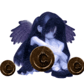 three gold coins with the letter c on them are sitting next to a girl with wings