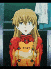 a girl in a red and orange suit with the word test on the chest