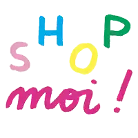 a colorful sign that says shop moi ! on a white background