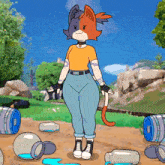 a cartoon drawing of a cat standing in front of a pile of empty bottles