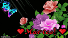 a gif of flowers and butterflies with the words martes in red