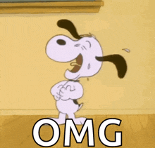a cartoon of snoopy laughing with the word omg in the corner