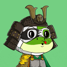 a frog wearing a samurai helmet and goggles stands on a green background